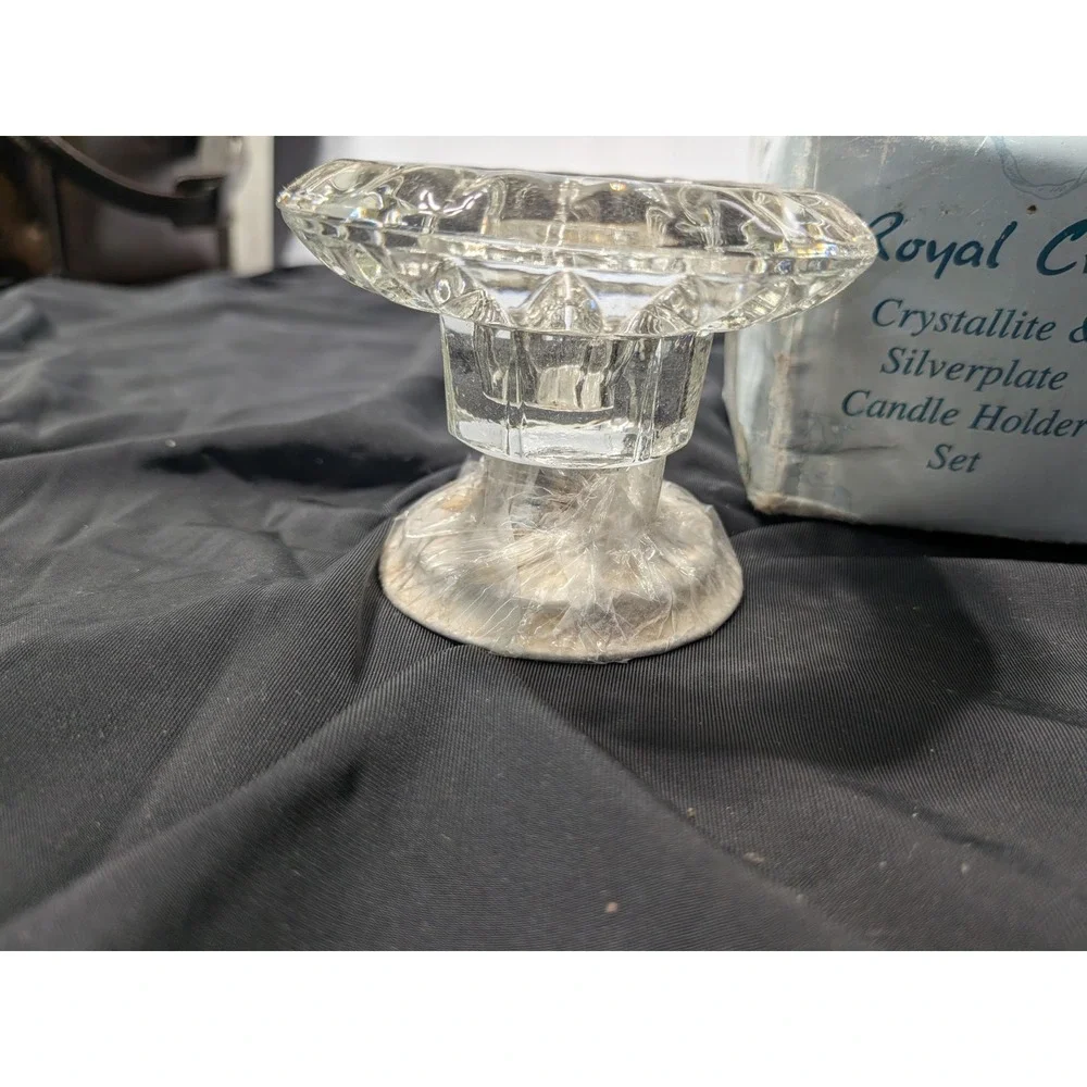 Royal Crest Crystallite & Silverplate Candle Holder Set - New Open-box